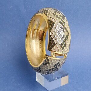 Snakeskin Scale Pattern Two Tone Enamel Hinged Cuff Round Bracelet Camo Grey